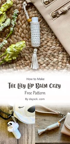 the diy lip balm cozy free pattern is shown with accessories and a purse