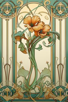 an art nouveau design with flowers and swirls on the side of a glass panel