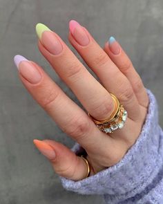 Short Pastel French Tip Nails, Nails French Tips Color, Summer Acrylic Nails Oval, Multi Color French Tip Nails, Tip Nails Ideas, Summa Nails, Paznokcie Hello Kitty, Closet Redo