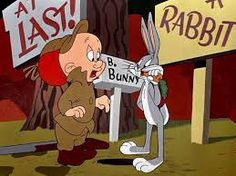 an animated image of bugs and rabbit pointing at signs