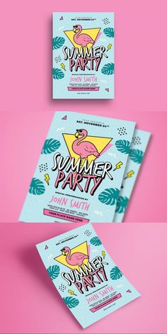 two flyers for a summer party with flamingos