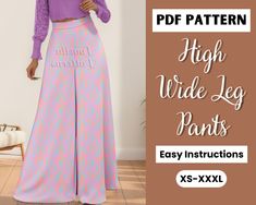 Upgrade your wardrobe with our stylish Palazzo Pants Pattern featuring a side zip, waistband, and no pockets. This easy-to-follow PDF sewing pattern is perfect for creating your own pair of high-waisted, wide-leg trousers that are both comfortable and chic. Say goodbye to ill-fitting store-bought pants and hello to custom-made perfection with our women's pants pattern. With this easy pants pattern, you'll be able to sew up a trendy pair of wide-leg pants in no time. Don't miss out on this opport High Waist Pants With Side Zipper, Palazzo Pants Pattern, Silk Palazzo Pants, Pattern Wide Leg Pants, Wide Leg Pants Pattern, Women Pants Pattern, Pants Sewing, Pants Sewing Pattern, Boho Pants