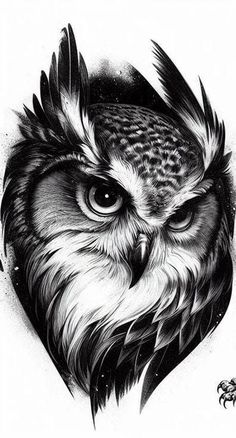 an owl's head is shown in this black and white tattoo art photo by person