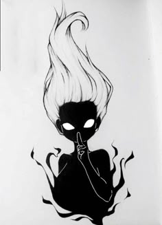 a black and white drawing of a girl with her hand on her face, in the shape of a demon