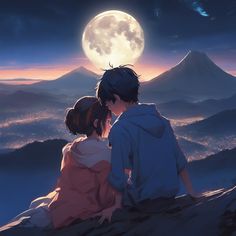 two people sitting on top of a hill looking at the moon