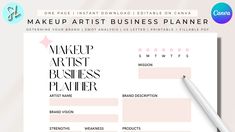 the makeup artist business plan is displayed on a white sheet with a pen next to it