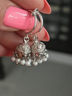 Extra small silver plated jhumki earrings on clip on hoops, Indian style clip on earrings  Earrings dangle 1.50 inches long and are super light perfect for everyday wear.  These beauties are for non pierced ears, they are clip on style. Earrings For Everyday Wear, Simple Jhumka Earrings, Tiny Jhumkas, Indian Earrings Jhumka, Desi Earrings, Small Jhumka, Silver Indian Jewelry, Non Pierced Earrings, Indian Jewelry Earrings