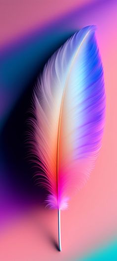 a colorful feather on a pink and blue background