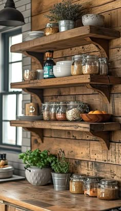 the shelves in this kitchen are made out of wood