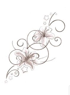 a drawing of flowers with swirls and stars on the bottom half of their arm