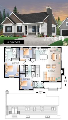 two story house plan with 3 bedroom and 2 bathrooms on each floor, in the middle of