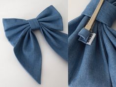 two pictures of a blue bow tie on top of a pair of jeans with zippers