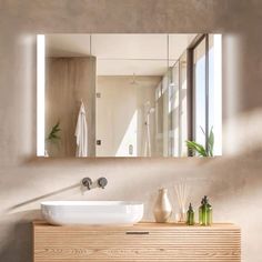 a bathroom sink sitting under a large mirror