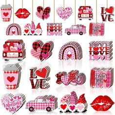 valentine's day photo booth props with hearts, lips, and mustaches hanging from strings