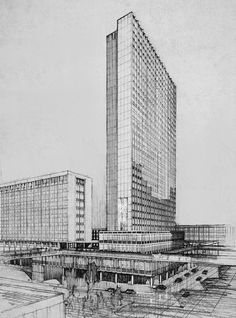 an architectural drawing of a large building in the middle of a city with lots of windows