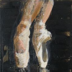 a painting of a person's feet in white and brown shoes with black background