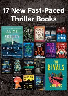 the front cover of 17 new fast - paced thrilr books