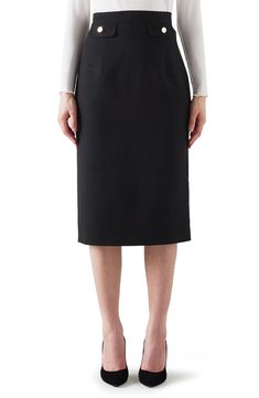 A seasonless suiting fabric adds polished style to this pencil skirt designed with flat, goldtone buttons at the faux flap pockets. Lined 61% polyester, 33% viscose, 6% elastane Dry clean Imported This brand is certified with the Butterfly Mark, which identifies luxury brands that adhere to social and environmental best practices This brand meets Nordstrom Responsible Brands criteria: brand adheres to responsible social and environmental practices Butterfly Skirt, Crepe Skirts, Cotton Midi Skirt, Latest Skirts, Suiting Fabric, Polished Style, Lk Bennett, Black Leather Skirts, Pencil Skirt Black