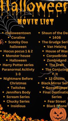 a halloween movie list with pumpkins on it