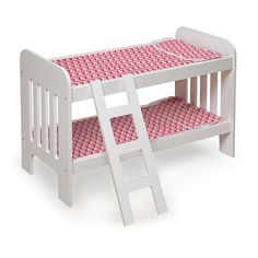 a white wooden bunk bed with a red and white checkered blanket on it's bottom