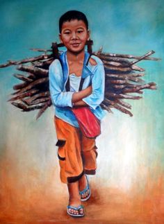 a painting of a young boy carrying branches on his back, in front of a blue background