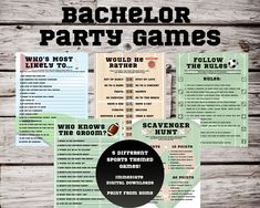 the bachelor party game is on display in front of a wooden background with text that reads bachelor