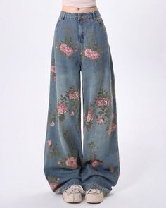 Blue floral denim pants with a beautiful rose print. The wide-leg silhouette and relaxed fit bring out a soft, cottagecore charm Size: • S: Waist: 70cm/ 27.6 in, Length: 105cm/ 41.3 in, Hips: 100cm/ 39.4 in• M: Waist: 74cm/ 29.1 in, Length: 107cm/ 42.1 in, Hips: 104cm/ 40.9 in• L: Waist: 78cm/ 30.7 in, Length: 109cm/ 42.9 in, Hips: 108cm/ 41.5 in• XL: Waist: 82cm/ 32.3 in, Length: 110cm/ 43.3 in, Hips: 112cm/ 44.1 inMaterial: Denim Flower Clothing Aesthetic, Floral Prints Outfit, Fairy Core Jeans, Flower Print Jeans, Jeans With Flowers Embroidery, Blue Floral Print Wide Leg Jeans, Relaxed Fit Floral Print Cotton Jeans, Trendy Wide Leg Bottoms With Floral Embroidery, Trendy Floral Embroidered Wide Leg Bottoms