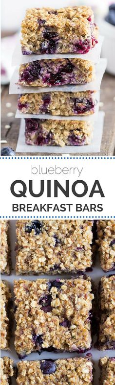 blueberry quinoa breakfast bars stacked on top of each other with text overlay