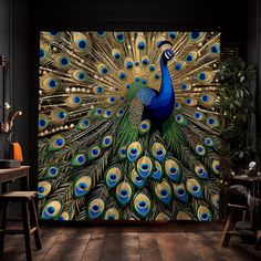 a peacock with its feathers spread out in front of a black wall and wooden floor