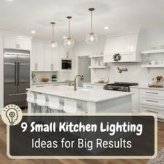 a kitchen with white cabinets and an island in the middle is featured for small kitchen lighting ideas