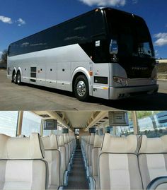 the interior and exterior of a tour bus