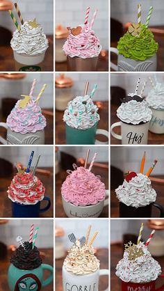 twelve cupcakes with different frosting colors and designs on them are shown in this collage