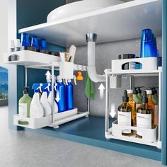 there are many bottles on the shelves in this bathroom sink area, and one shelf is filled with personal care products