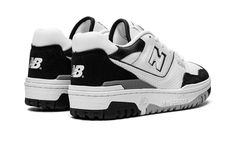 The New Balance 550 “White/Black/Grey” is a neutral-based colorway of the vintage basketball shoe that excels in versatility.  The 550 in the “White/Black/Grey” colorway features a combination of smooth and dotted white leather on its upper with a tonal “N” logo on either side.  Black suede and leather overlays are found on the forefoot and collar, respectively.  Classic “NB” branding appears on the black suede heel overlay and tonal “550” detailing is found on the forefoot.  An old school-inspi New Balance 550 Oreo Outfit, New Balance 550 White Black, N Shoes, New Balance Shoe, Shoe Aesthetic, New Balance 550 White, Black White Sneakers, Shoes For School, Balance 550