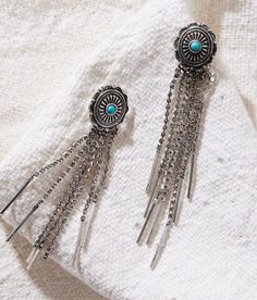 "Sterling & Stitch Western Rhinestone Fringe Earring - Turquoise/Silver , Women's Silver Sterling silver embossed metal stud earring Length measures 4 1/2". Apparel & Accessories" Silver Concho Metal Jewelry, Silver Dangle Earrings With Concho, Silver Concho Dangle Earrings, Elegant Turquoise Tassel Fringe Earrings, Nickel-free Turquoise Western Jewelry, Turquoise Nickel-free Western Earrings, Turquoise Southwestern Nickel-free Hoop Earrings, Turquoise Nickel-free Southwestern Earrings, Fringe Earrings