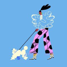 a woman in pink and black pants walking a white poodle on a blue background