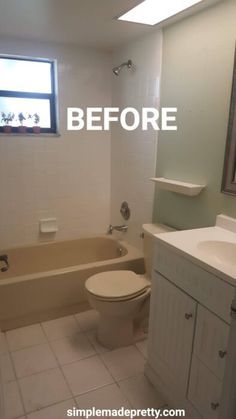 before and after pictures of a bathroom remodel with tile flooring, tub, sink, toilet and window