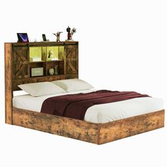 a bed with a wooden headboard and night stand on it's side, in front of a white background