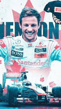 a man in a racing car with his arms up and smiling at the camera while standing next to a canadian flag