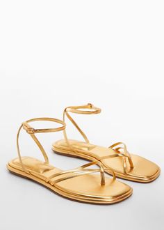 Metallic strap sandals -  Women | Mango USA Flat Shoes Women Casual, Flat Sandals For Women, Casual Shoes Women Flats, Shoes Flats Sandals, Strap Sandals Women, Ankle Bracelet, Sandals For Women, Toe Sandals, Casual Summer Outfits