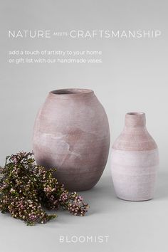 two vases sitting next to each other on top of a white background with the words, nature and craftsmanship