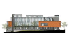 an architectural rendering of the exterior of a building with orange and gray panels on it