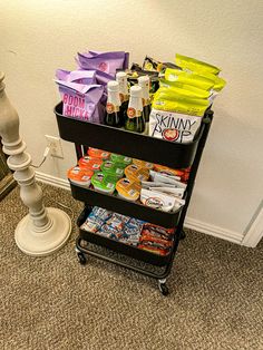 Snack cart for a movie night in! Snack Caddy Ideas, Home Snack Station, Snack Section In Room, Snack Area In Bedroom Aesthetic, Salon Snacks Bar Ideas, Snack Table Office, Snack Cart For Bedroom