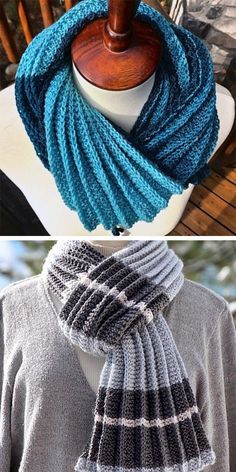 two pictures with different scarves on top of each other, one in blue and the other in grey