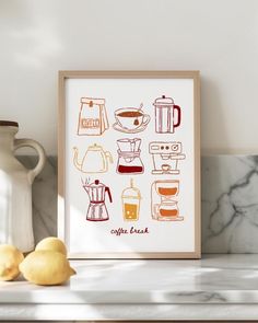 an art print with coffee related items displayed on a shelf next to some lemons