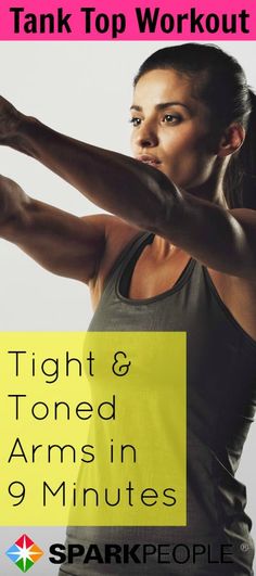 a woman stretching her arms with the words, tank top workout eight tight and toned arms in 9 minutes