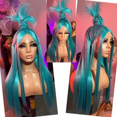 Bright vibrant turquoise unit so the fanned out pony Styled Wigs, Girls Vanity, Formal Hair, Vintage Waves, Etsy Boutique, Best Wigs, Hair Flip, Hot Hair Styles, Tropical Blue