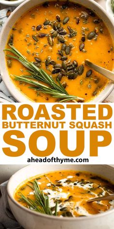 roasted butternut squash soup in a white bowl with rosemary garnish