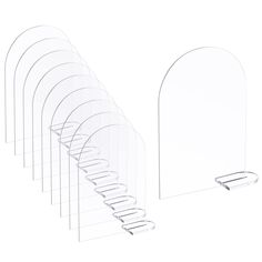 six clear acrylic display stands with rounded bases and curved sides, each holding eight different sized magazine holders