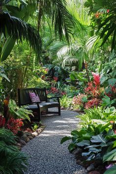 a wooden bench sitting in the middle of a lush green forest filled with trees and plants